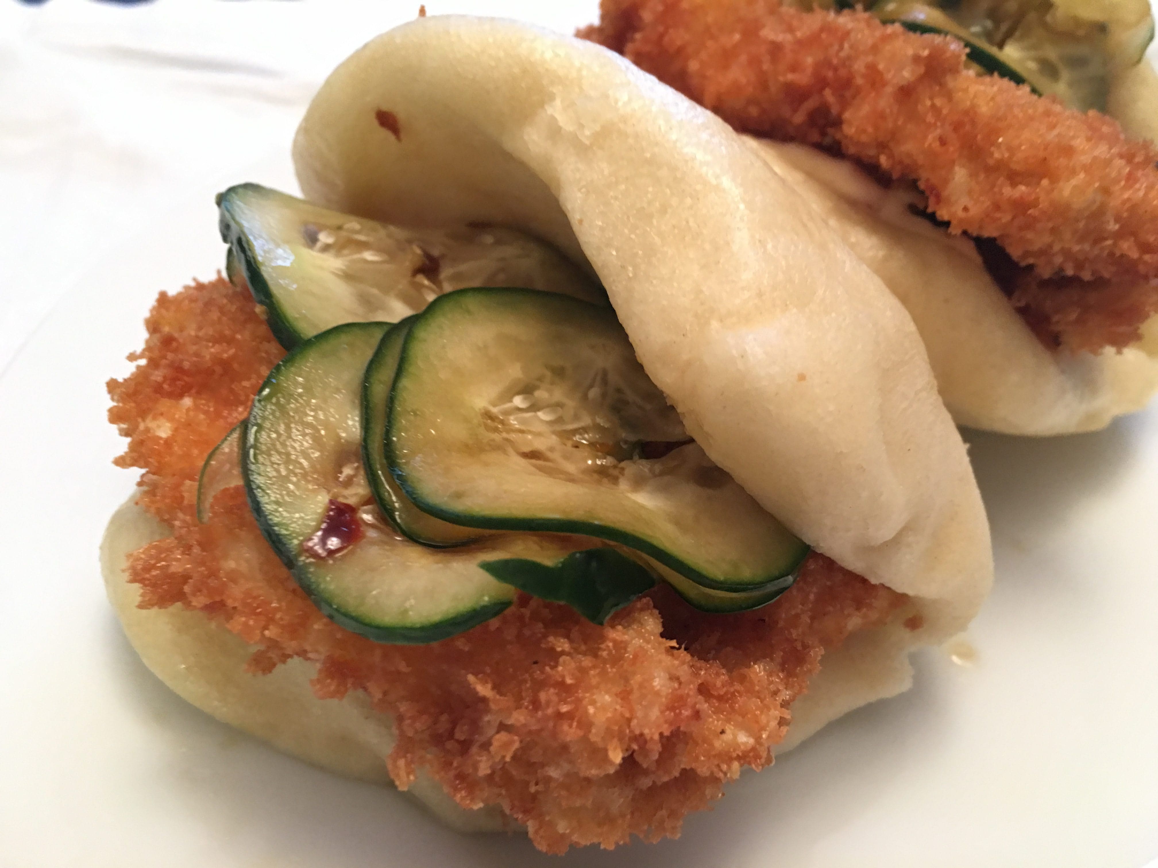 Schnitzel Bao with Sriracha Mayo and Sesame Pickles